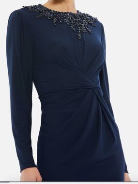 Mac Duggal Navy Beaded-Neck Long-Sleeve Twist Dress